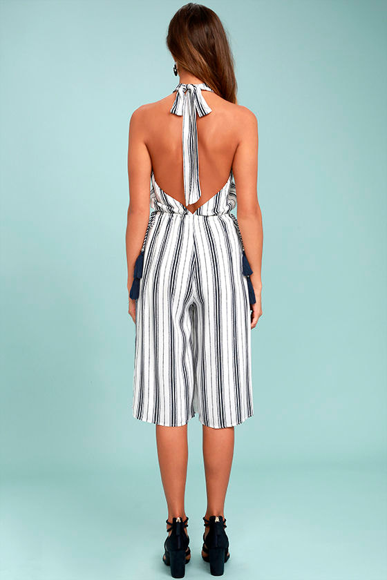 blue and white striped jumpsuit