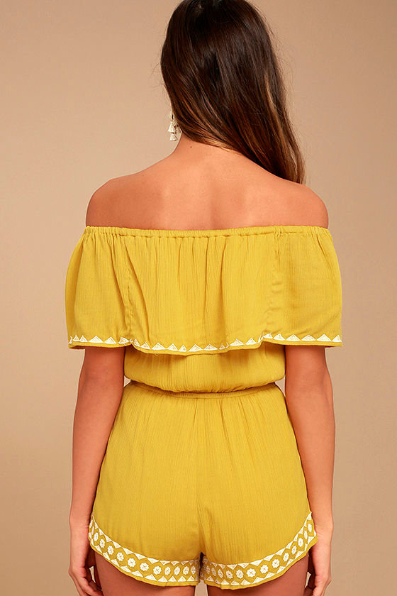Fun Mustard Yellow Romper OfftheShoulder Romper Embroidered