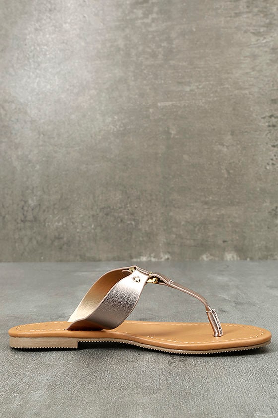 Chic Metallic Sandals - Bronze Thong Sandals - Vegan Leather Sandals ...