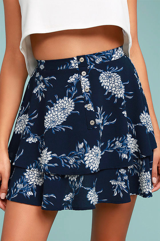 Cute Navy Blue Skirt - Floral Print Skirt - Mini Skirt - Skater Skirt ...