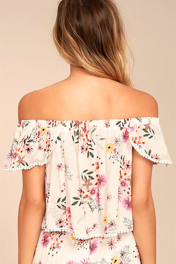 Cute White Floral Print Top OfftheShoulder Top Crop Top OTS Top