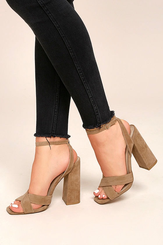 taupe suede ankle strap heels