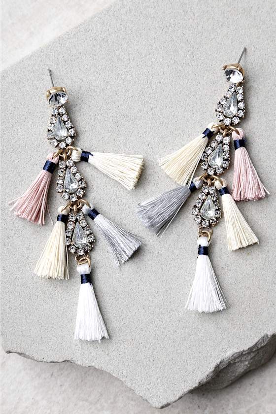 Stunning Rhinestone Earrings Beige Earrings Tassel Earrings