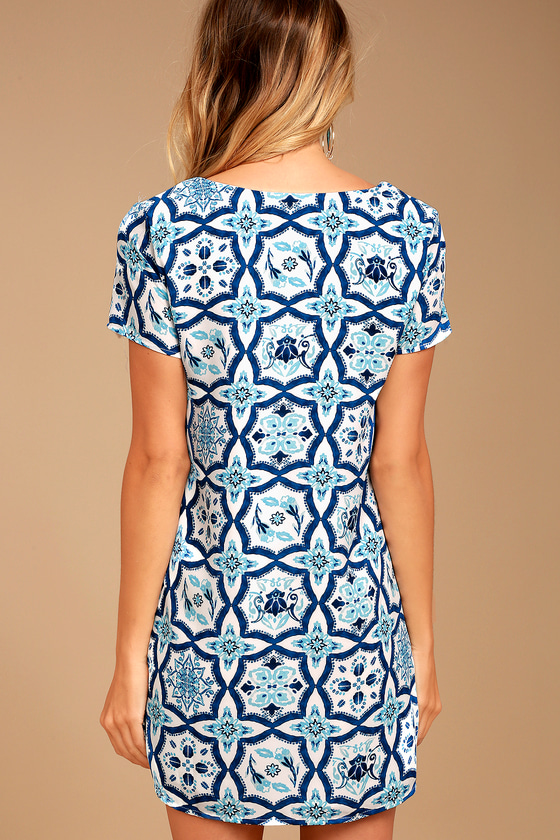 Cool Blue and White Print Dress - V-Neck Dress - Shift Dress