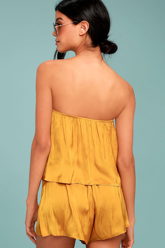 Cute Mustard Yellow Romper Satin Romper Strapless Romper