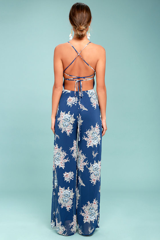 Chic Navy Blue Jumpsuit Floral Print Jumpsuit