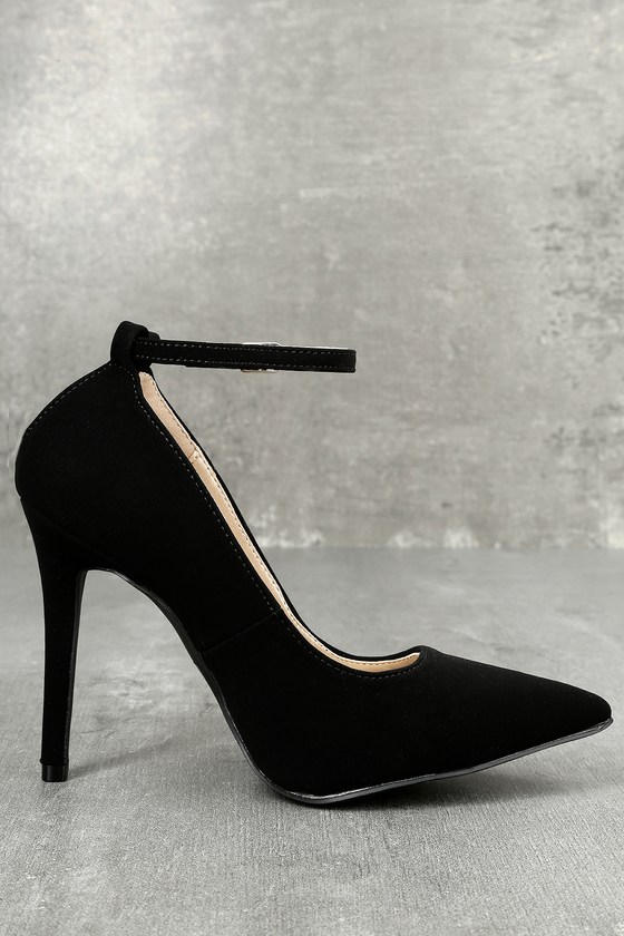 black leather pumps with ankle strap