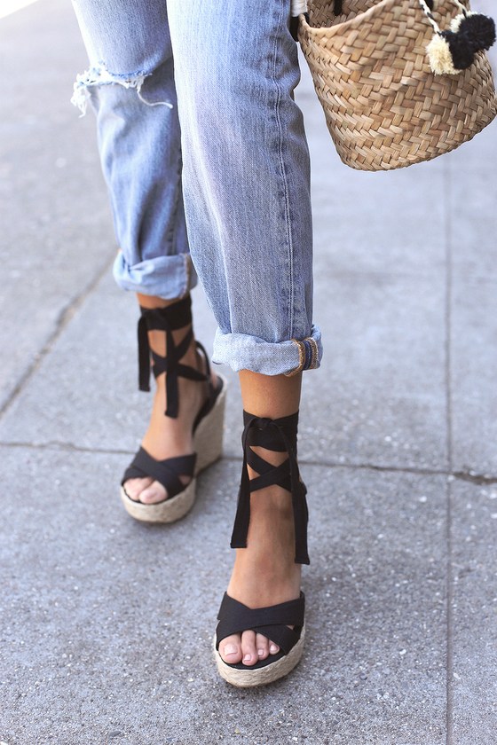 black wedges with brown heel