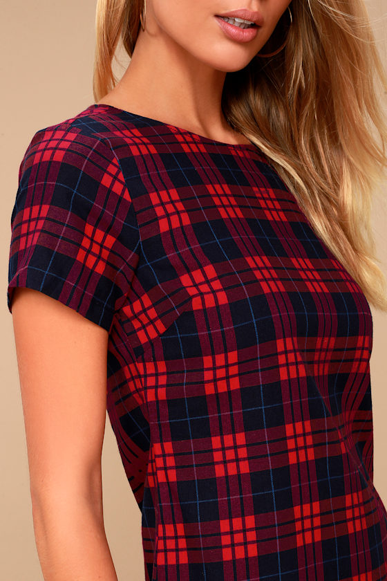 Cute Navy Blue and Red Dress Plaid Dress Sheath Dress