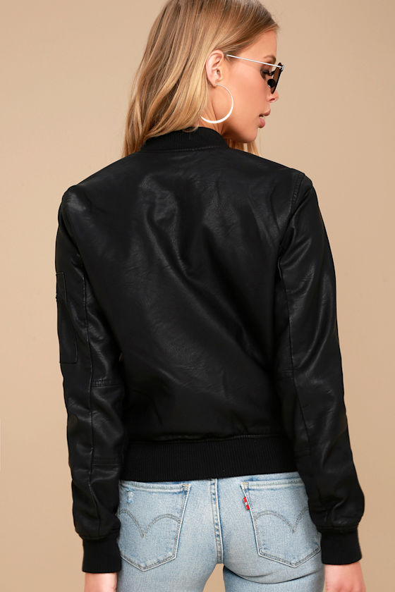 Cool Black Bomber Jacket Vegan Leather Bomber Jacket