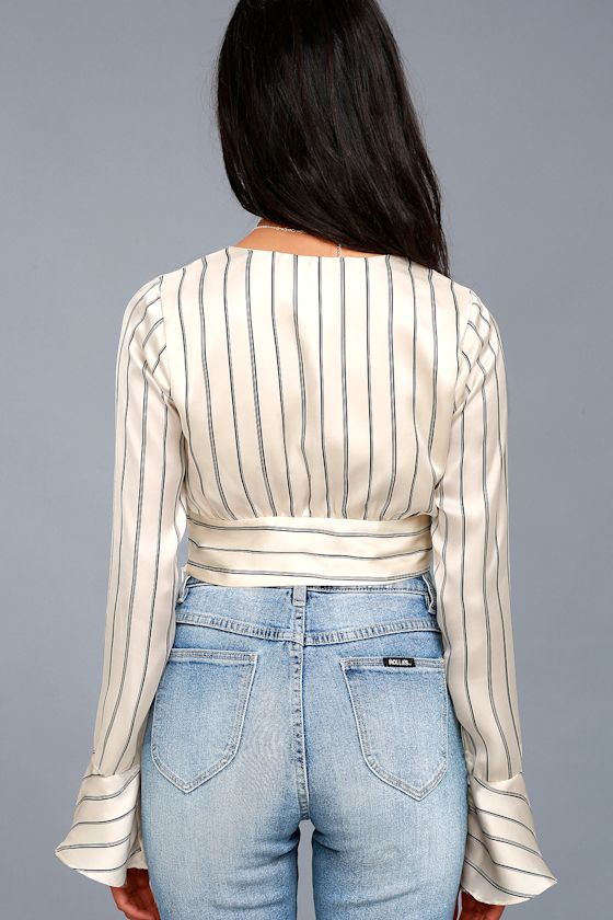 J.O.A. - Cream Striped Satin Top - Long Sleeve Crop Top