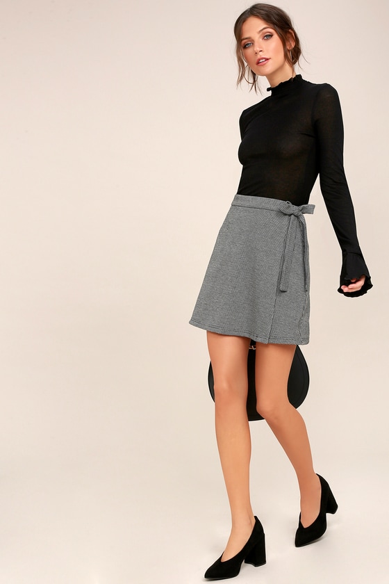 Cute Black and White Houndstooth Skirt - Wrap Mini Skirt