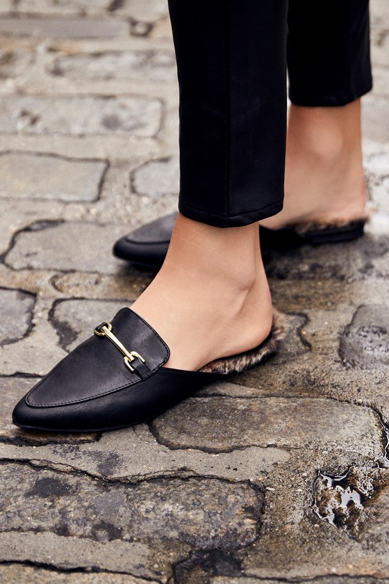 black faux fur loafer slides