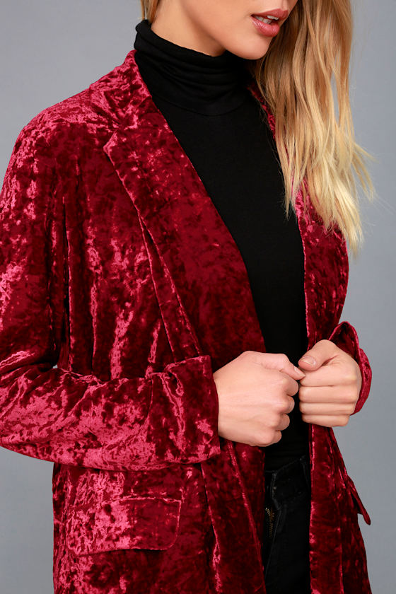 Fun Wine Red Blazer Crushed Velvet Blazer
