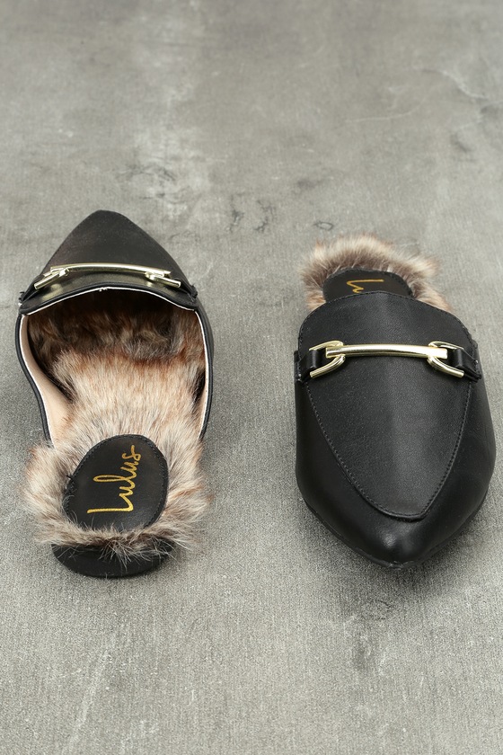 black faux fur loafer slides