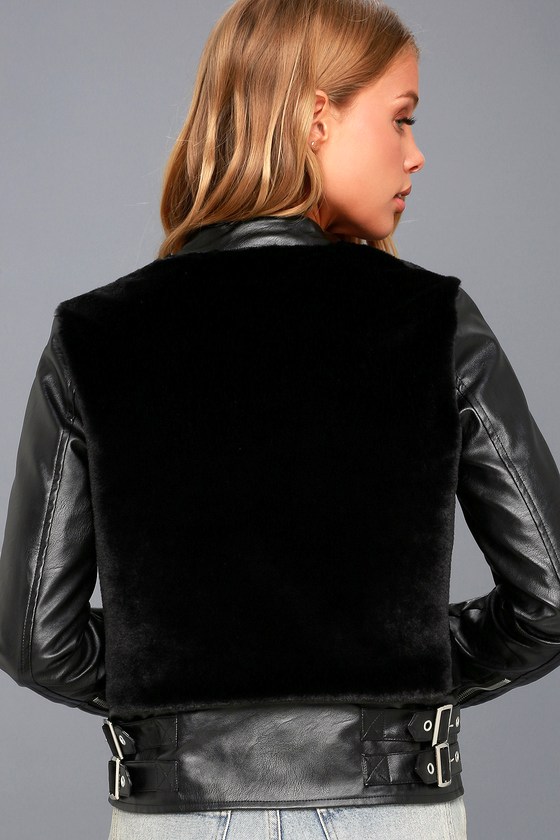 Chic Vegan Leather Moto Jacket Faux Fur Renegade Heart Black Faux Fur Vegan Leather Moto Jacket