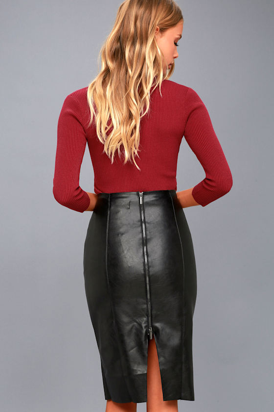Sexy Black Vegan Leather Skirt Midi Skirt Pencil Skirt
