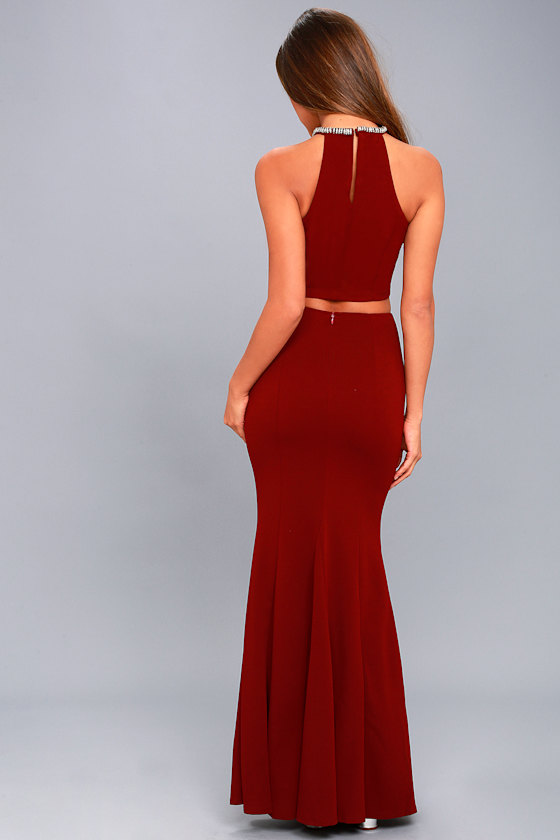 Barletta Rhinestone Multi Gem Studded Maxi Dress - Red