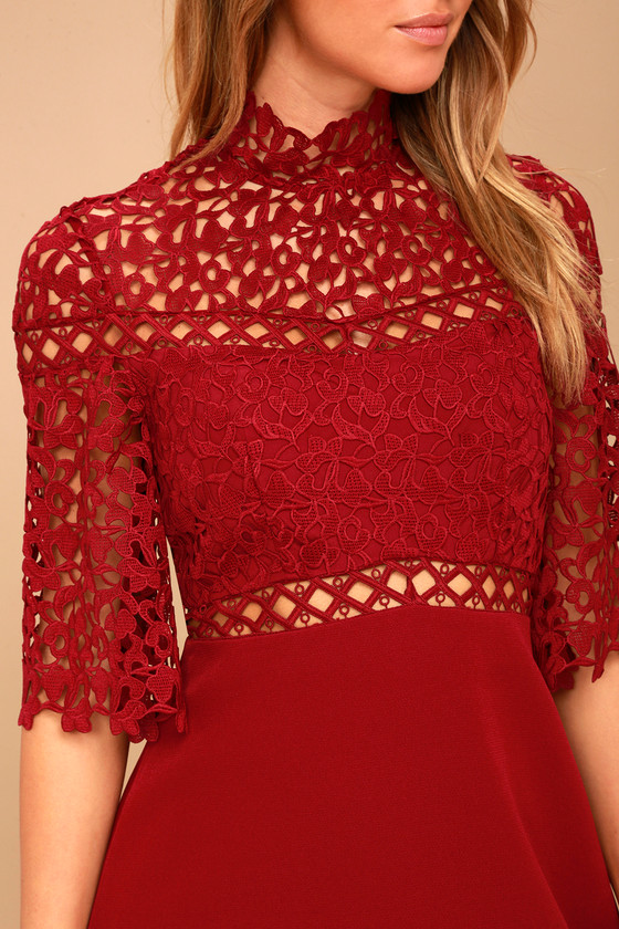 Keepsake Uplifted Dress - Wine Red Lace Dress - Mini Dress