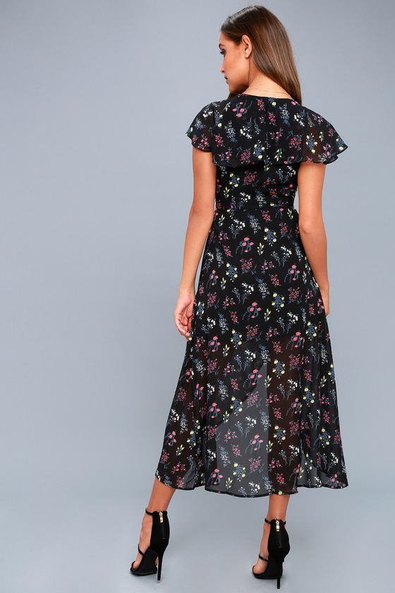 Lovely Black Floral Print Dress - Midi Dress - Wrap Dress
