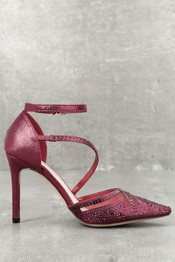 Chic Rhinestone Heels Wine Red Heels Anklestrap Heels