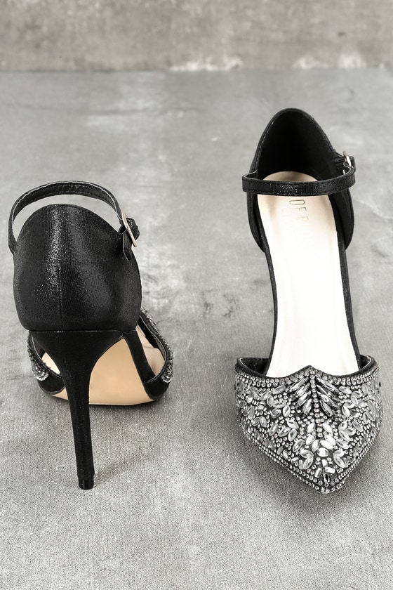 black strappy high heels with rhinestones