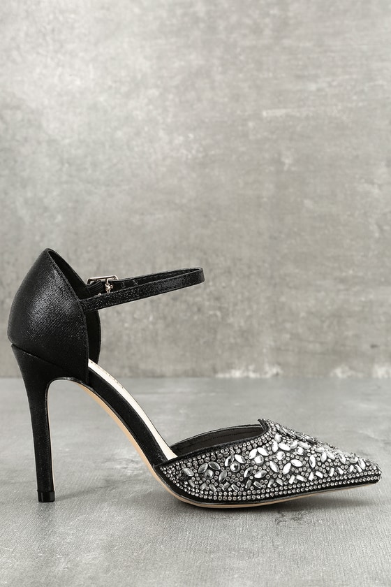 black chunky heels with rhinestones