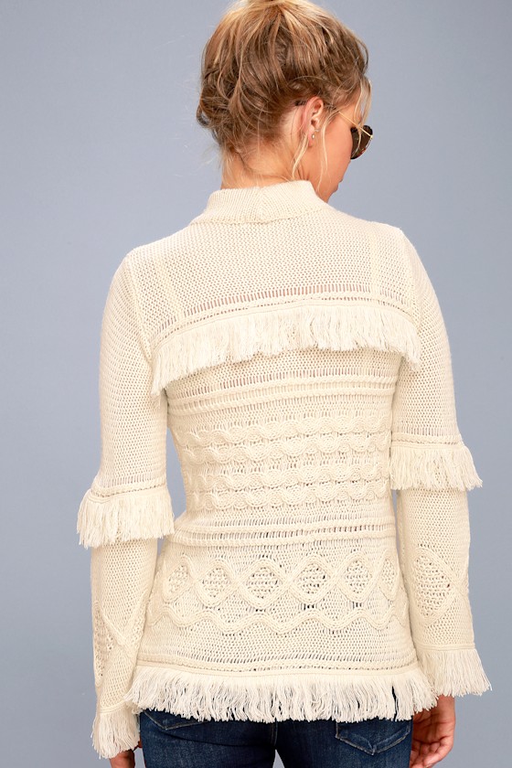 BB Dakota Baker Cream Fringe Sweater Cable Knit Sweater