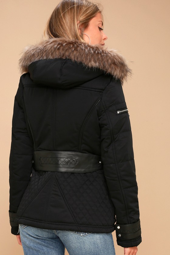 Classic Black Coat - Faux Fur Trim Coat - Hooded Coat