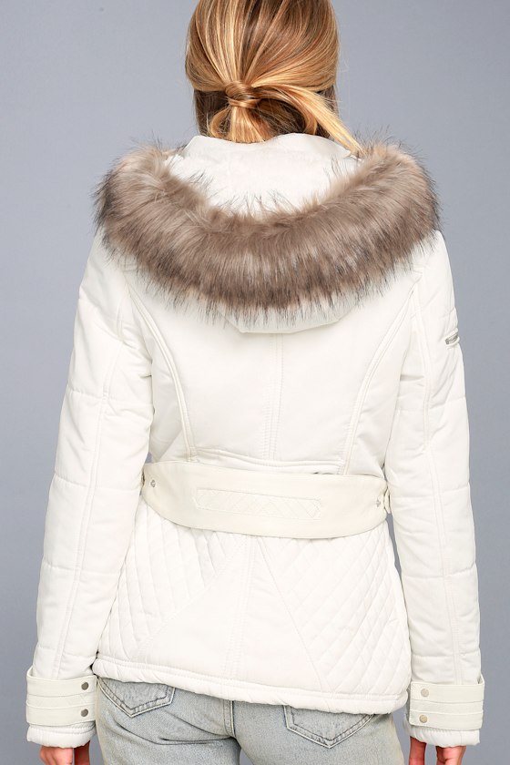 Classic White Coat Faux Fur Trim Coat Hooded Coat