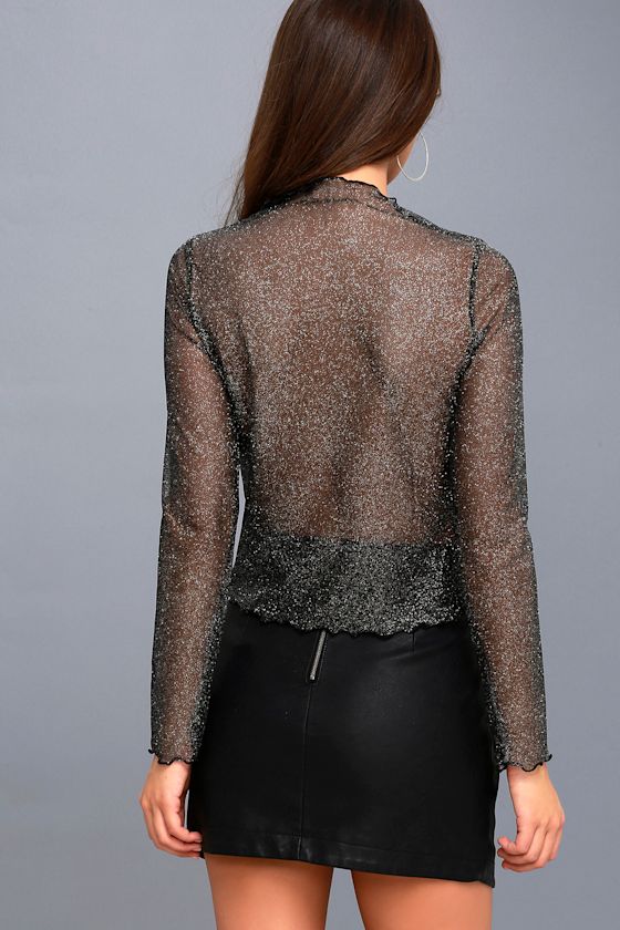 Dazzling Black and Silver Top Sheer Top Metallic Top
