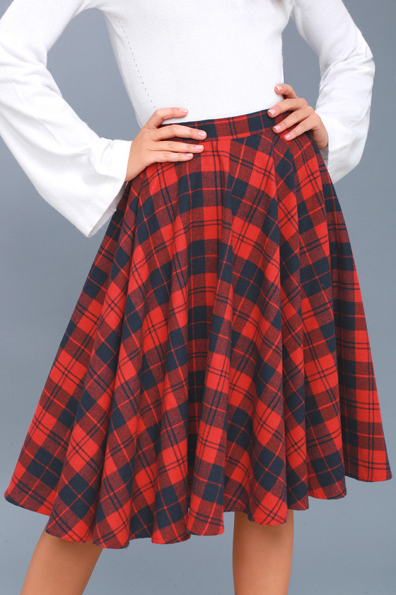 Cute Navy Blue and Red Plaid Skirt - Flannel Midi Skirt