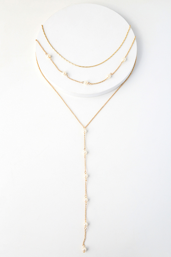 Pretty Gold and Pearl Layered Necklace Drop Necklace
