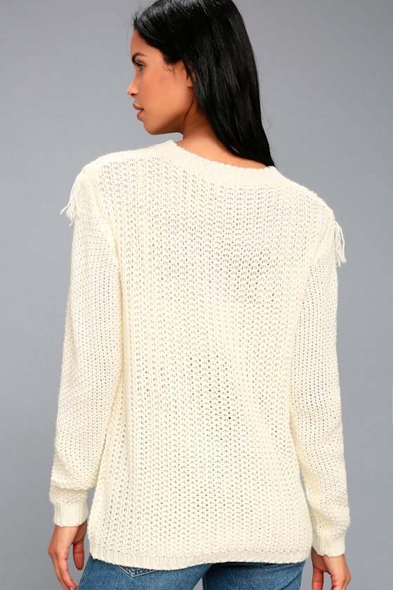 Cute Cream Sweater Fringe Sweater Knit Sweater