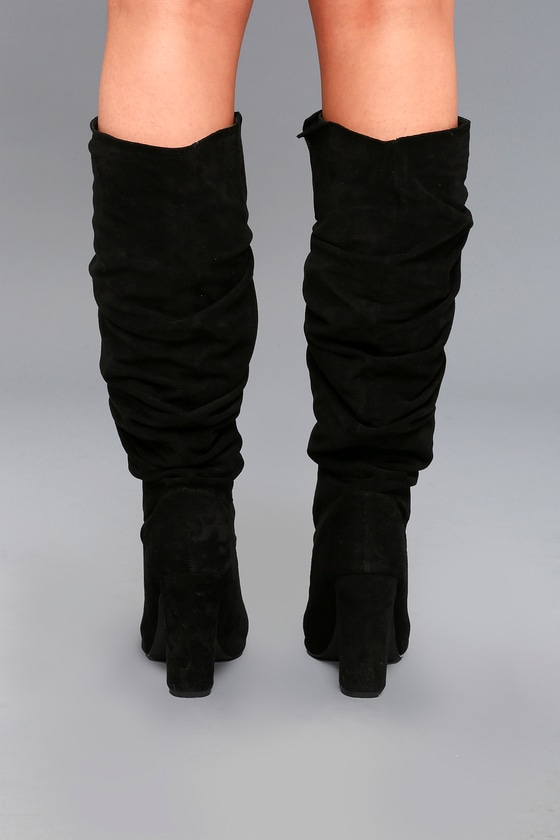 Chic Black Vegan Suede Boots - Slouchy Knee High Heel Boots