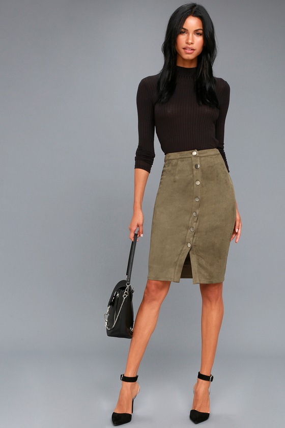 Chic Pencil Skirt - Olive Green Skirt - Vegan Suede Skirt