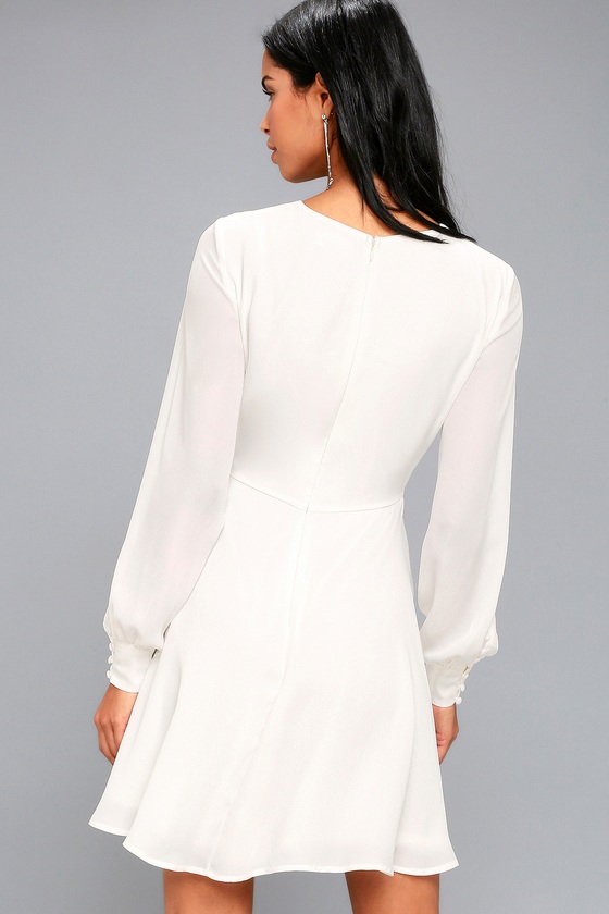 Chic White Dress - Long Sleeve Dress - Button Cuff Dress