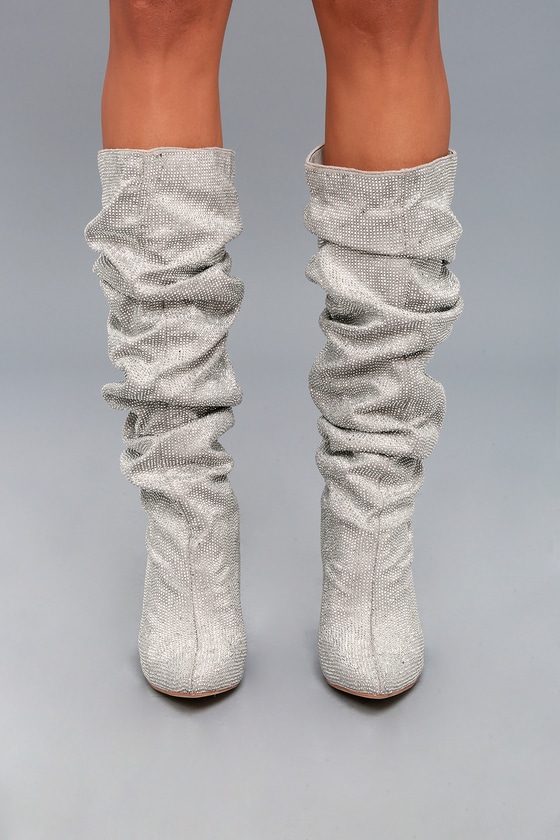 black knee high boots with silver heel