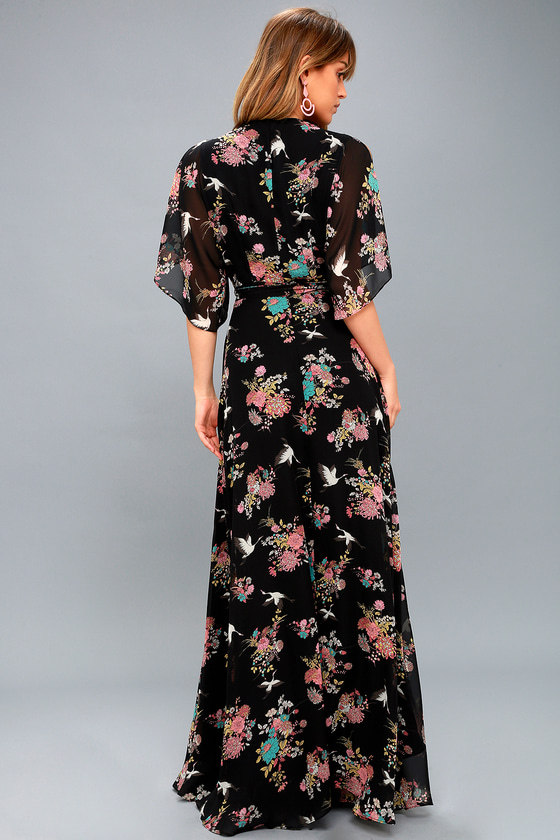 Cute Black Floral Maxi Dress - Wrap Dress - Wrap Maxi Dress
