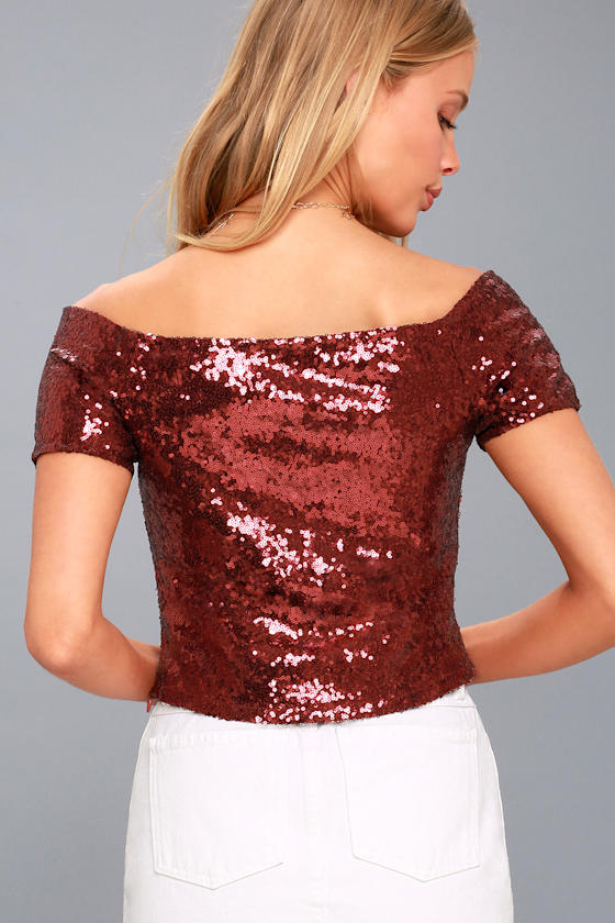 Shiny Burgundy Sequin Top Burgundy OfftheShoulder Top