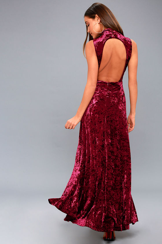 rare beauty burgundy backless maxi dress
