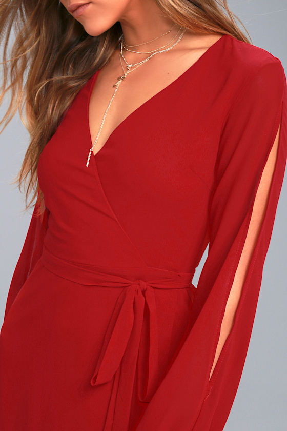 Cute Wine Red Wrap Dress Cold Shoulder Dress