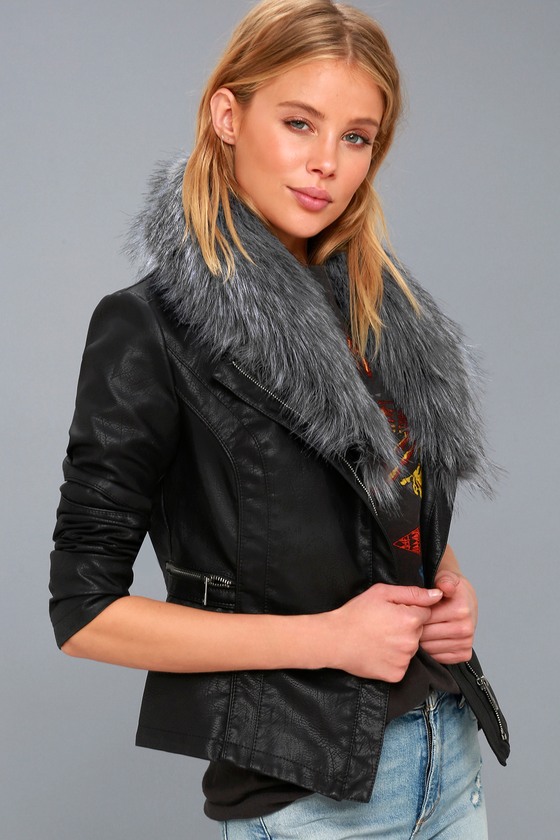 Cute Vegan Moto Jacket Black Faux Fur Amherst Black Faux Fur Trim Vegan Leather Moto Jacket