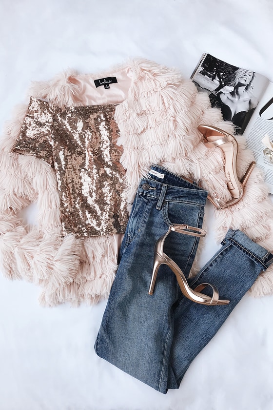 Shiny Rose Gold Sequin Top - Rose Gold Off-the-Shoulder Top