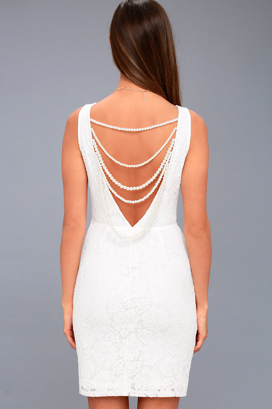 Chic White Lace Dress Faux Pearl Dress Backless Dress