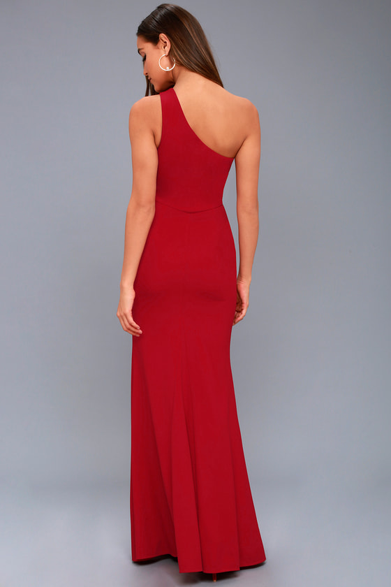 Lovely Wine Red Maxi Dress - One-Shoulder Dress