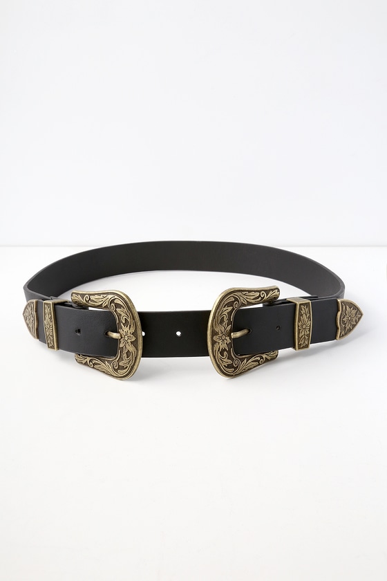 Trendy Black and Gold Double Buckle Belt -Vegan Leather Belt