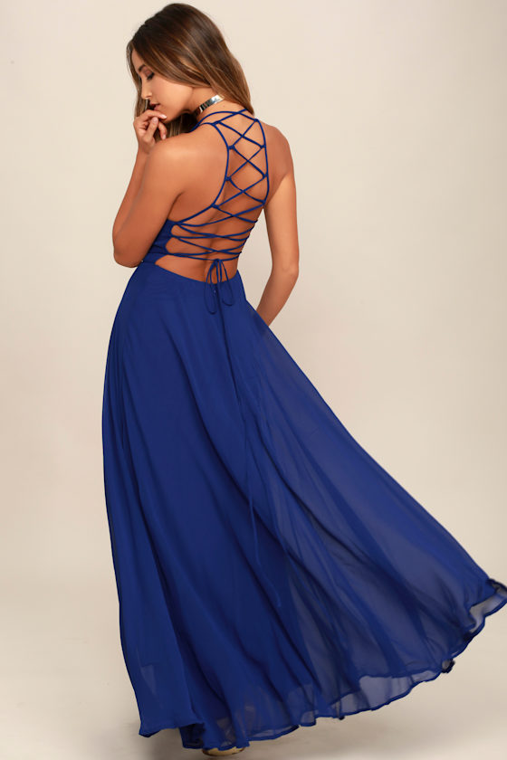 Chic Royal Blue Dress LaceUp Dress Backless Maxi Dress