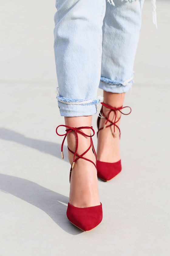 red square lace up heels