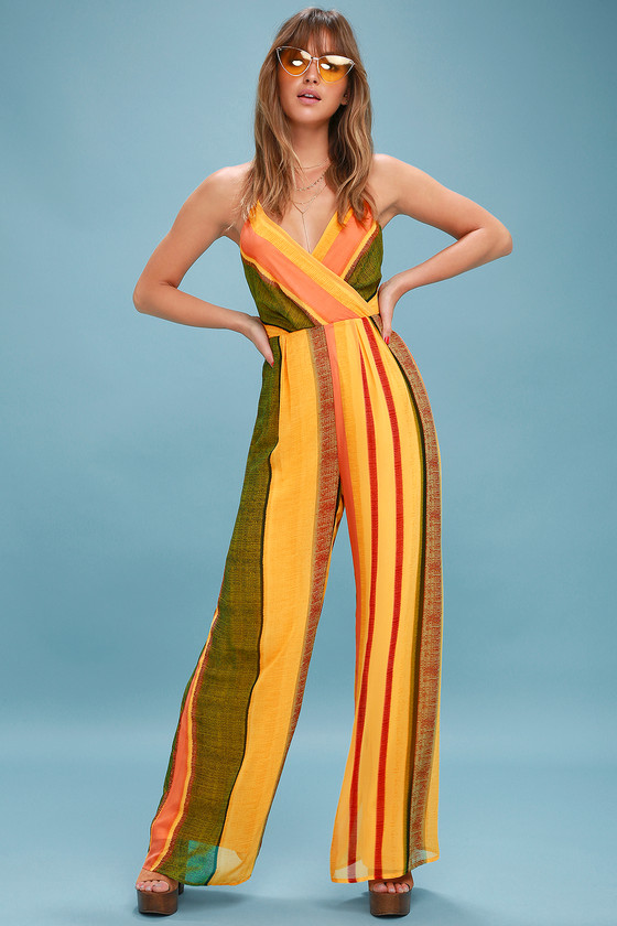 Cute Yellow Jumpsuit - Wide-leg Jumpsuit - Striped Jumpsuit